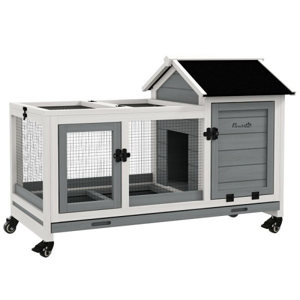 PawHut Kleintierstall für Zwergkaninchen, Meerschweinchen, mit Rädern, 108 x 58 x 73,5 cm, Grau, D51-352V00GY