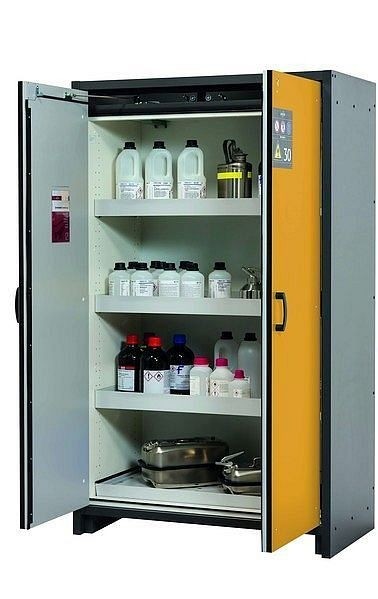 asecos Sicherheitsschrank Q-CLASSIC-30, Q30.195.116 in sicherheitsgelb RAL 1004 mit 3x Wannenboden Standard (Stahlblech), 31003-060-30007