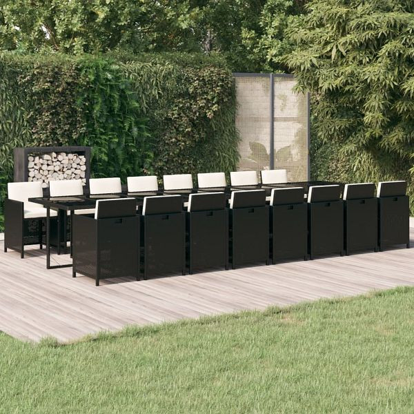 vidaXL 17-teilig Garten-Essgruppe mit Kissen Schwarz Poly Rattan, 3095665