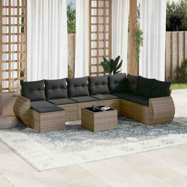 vidaXL 9-tlg. Garten-Sofagarnitur mit Kissen Grau Poly Rattan, UV-beständig, 3254107