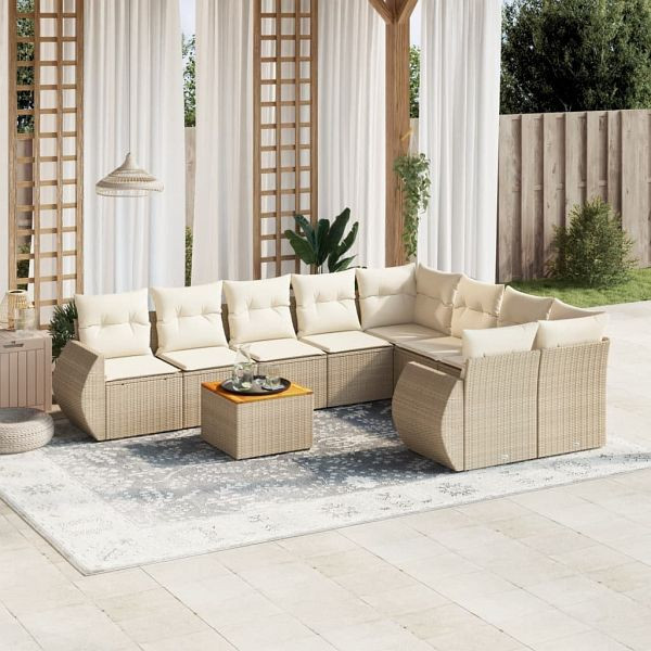 vidaXL 9-teilig Garten-Sofagarnitur mit Kissen Beige Poly Rattan, 3224931