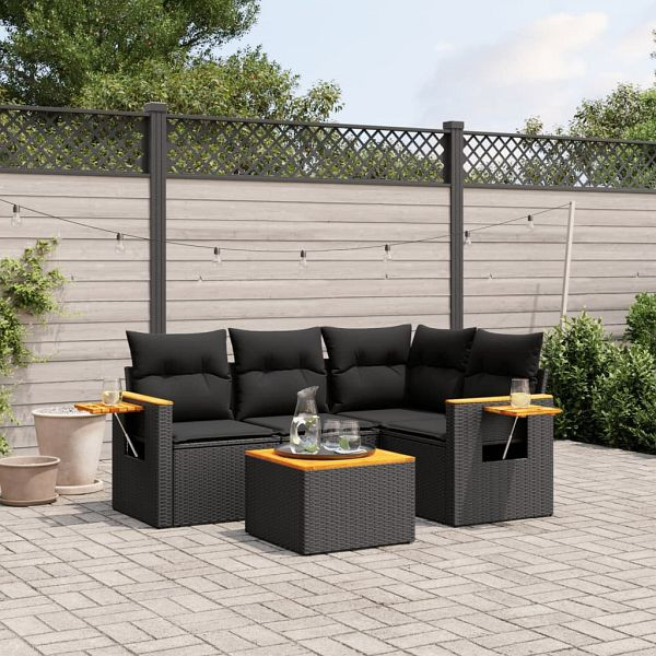 vidaXL 5-teilig Garten-Sofagarnitur mit Kissen Schwarz Poly Rattan, 3259178
