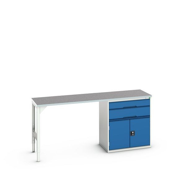 bott verso Unterbauwerkbank (Linoleum-Platte) mit 2 Schubladen, 1 Tür, 2000x600x930mm, Lichtgrau/Enzianblau, Schrankgröße: 800x550x900mm, 16921965.11