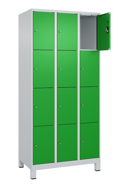 C+P Schließfachschrank Evolo PLUS, mit Füßen, 12 Fächer, 1950x900x500mm, 7035/6, Frontfarbe RAL 6037 Reingrün, 049010-304 S10011