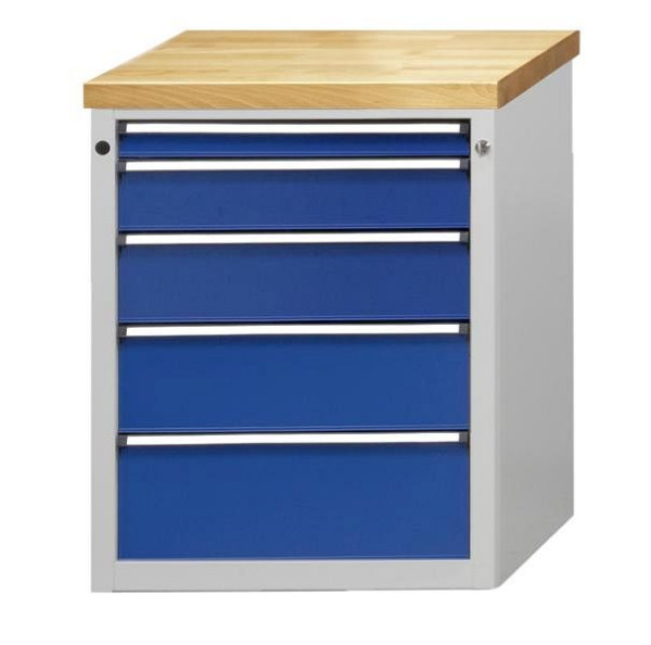 ANKE Werkbänke Beistellschrank; 660 x 615 x 850 mm; RAL 7035/5010; Wanne mit Antirutschmatte; 5 Schubladen 60, 120, 150, 180, 210 mm, 600.032