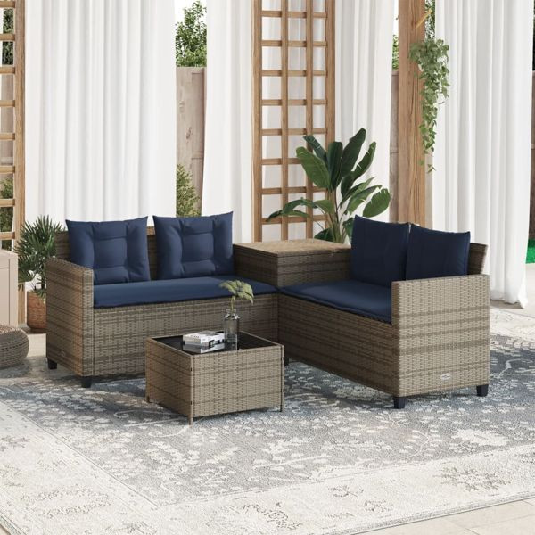 vidaXL Gartensofa mit Tisch und Kissen L-förmig Grau Polyrattan, 369034