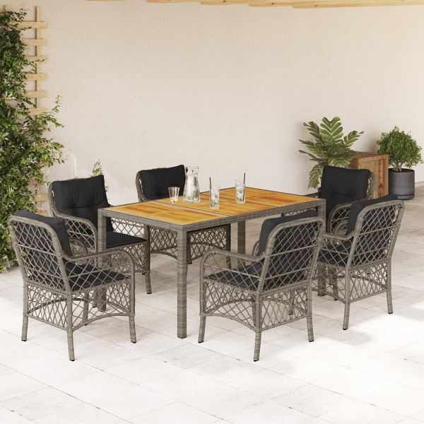 vidaXL 7-teilig Garten-Essgruppe mit Kissen Grau Poly Rattan, 3212051