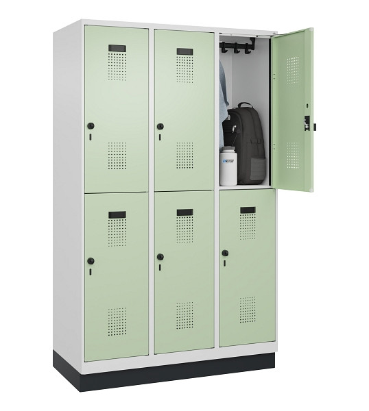 C+P Doppelstöckiger Spind Evolo PLUS, mit Sockel, 6 Fächer, 1950x1200x500mm, 901, Frontfarbe RAL 6019 Weissgrün, Drehriegel, 049320-32 S10019