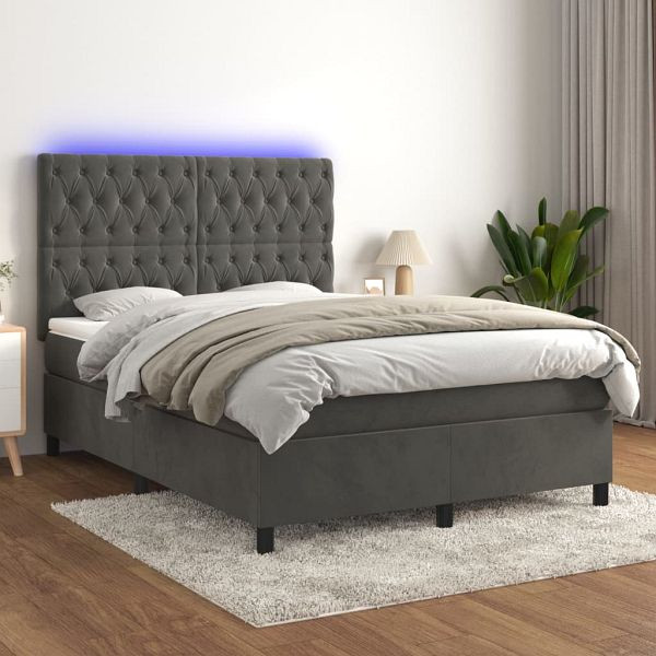vidaXL Boxspringbett mit Matratze & LED Dunkelgrau 140x200 cm Samt, 3136306