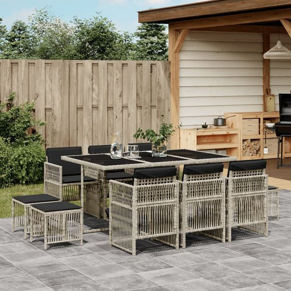 vidaXL 11-tlg. Garten-Essgruppe mit Kissen Hellgrau Poly Rattan, 3210971