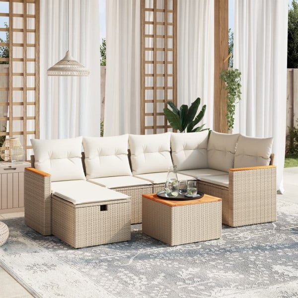 vidaXL 7-tlg. Garten-Sofagarnitur mit Kissen Beige Poly Rattan, UV-beständig, 3265307