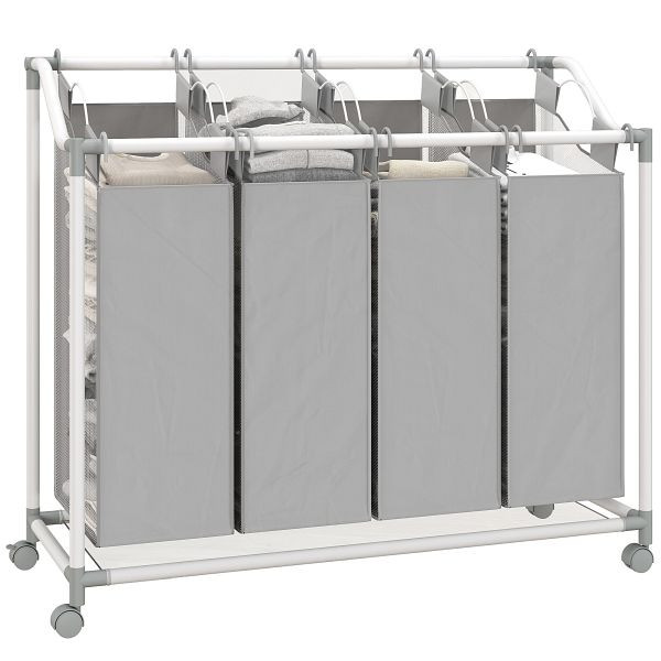 HOMCOM Wäschekorb mit 4 Fächer 160 L Wäschesammler mit Rädern, herausnehmbarer Wäschesack, 97 x 38 x 81 cm, Grau, 850-357V00GY
