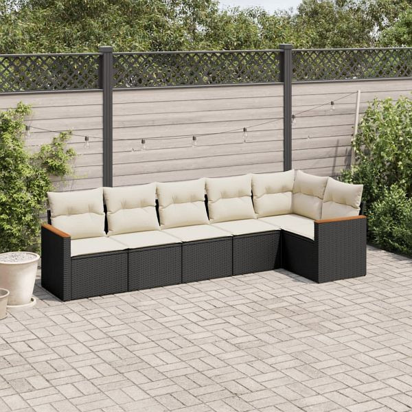 vidaXL 6-teilig Garten-Sofagarnitur mit Kissen Schwarz Poly Rattan, 3225986