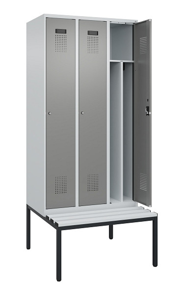 C+P Spind Evolo PLUS, 3 Abteile, 2120x900x815mm, 7035/0004, Haken 4, Zylinderschloss, Sitzfläche Kunststoff, Sitzbank, 0490507-30F S10095