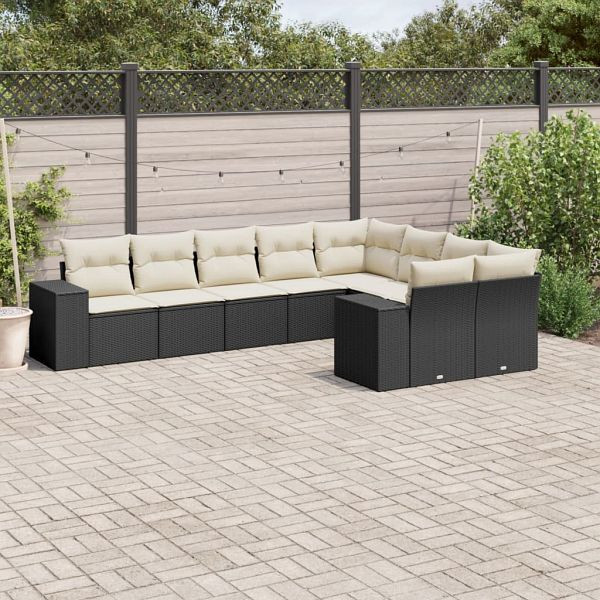 vidaXL 9-tlg. Garten-Sofagarnitur mit Kissen Schwarz Poly Rattan, 3223035
