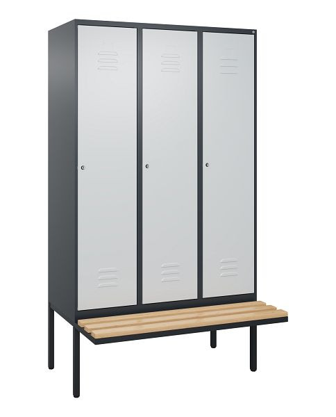 C+P Umkleidespind Classic PLUS, 3 Abteile, 2120x1200x815mm, 7016/7035, Zylinderschlösser, Buche-Sitzleisten, je 2 Doppel-Haken, 0800407-32F S10057