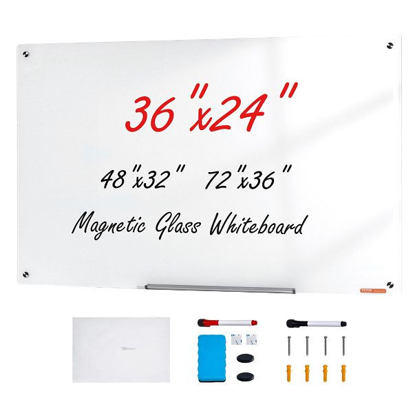 VEVOR Magnetisches Glas-Whiteboard, 90 x 60 cm, ohne Rahmen, mit Stiftablage, einem Radiergummi & 2 Stiften, Magnettafel Weiß, CXGCBLBGHBL3CGGHBV0