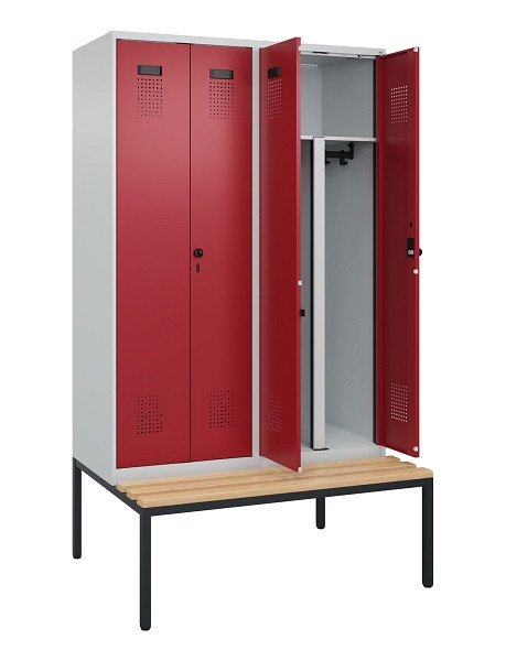 C+P PSA Doppel-Spind Evolo PLUS, Bank, 4 Abteile, 2120x1200x815mm, 7035/3003, Drehriegel, Sitzfläche Buche-Hartholz, Sitzbank, 0490527-40P S10004
