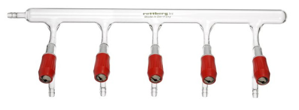 Rettberg Vakuum-Verteilerrechen, mit 4 PTFE-Vakuumventilen 0 - 6 mm, nachstellbar, Boroscilikatglas 3.3, 134030154