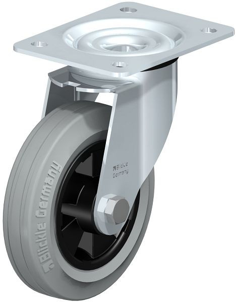 Blickle LE-VPP 150R-SG Stahlblech-Lenkrolle mit Anschraubplatte, Vollgummi, Grau, 610428