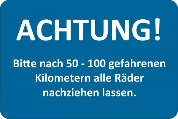 Eichner Kundendienst-Aufkleber, Blau, Text: ACHTUNG! Räder nachziehen lassen, VE: 250 Stück, 9220-00051
