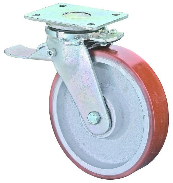 BS Rollen Schwerlastrolle mit Rad-/Feststeller, Breite 100 mm, Ø300 mm, bis 2800 kg, Guss-Polyurethan 95 Shore A, Körper Guss, Kugellager, RR120.C10.302