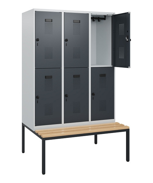 C+P Doppelstöckiger Spind Evolo PLUS, Bank, 6 Fächer, 1950x1200x815mm, 7035/7016, Drehriegel, Sitzfläche Buche-Hartholz, Sitzbank, 0493505-32 S10012