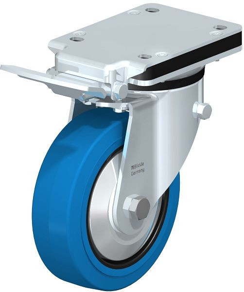Blickle LK-POEV 160XR-IS-SB-FA Stahlblech-Lenkrolle, mittelschwere Ausführung, mit Anschraubplatte & Feststeller, Elastik-Vollgummi, Blau, 851207