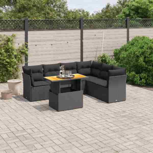 vidaXL 7-tlg. Garten-Sofagarnitur mit Kissen Schwarz Poly Rattan, UV-beständig, 3270845