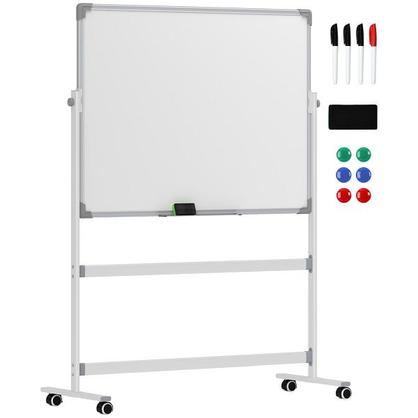HOMCOM Whiteboard,120 x 90 cm, magnetisch, drehbar, mobil, inkl. Marker & Schwamm, Metallgestell, Weiß, 911-018V00WT
