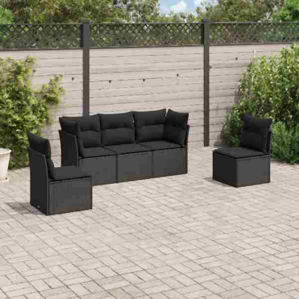 vidaXL 5-tlg. Garten-Sofagarnitur mit Kissen Schwarz Poly Rattan, UV-beständig, 3217345