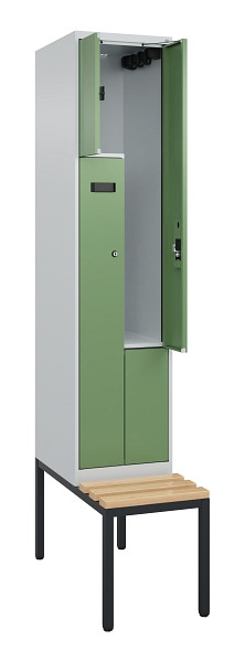 C+P Z-Spind Evolo PLUS, Bank, 2 Fächer, 2120x400x815mm, 7035/6011, Zylinderschloss, Sitzfläche Buche-Hartholz, Sitzbank, 0490537-122 S10033