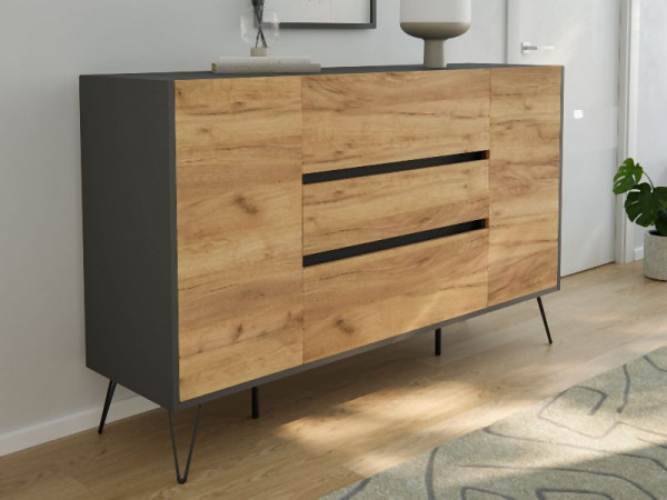 Posseik Sideboard Industrial O 155cm 3 Schubladen 2 Türen Grafit/Eiche Front, PN2092X0000019DE