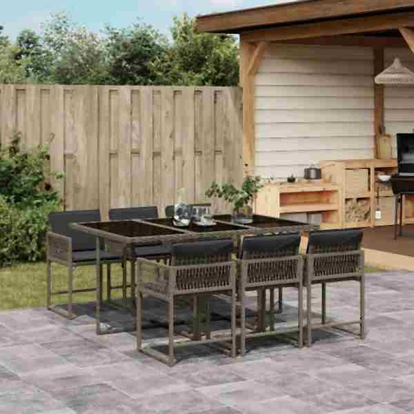 vidaXL 7-tlg. Garten-Essgruppe mit Kissen Grau Poly Rattan, UV-beständig, 3211448