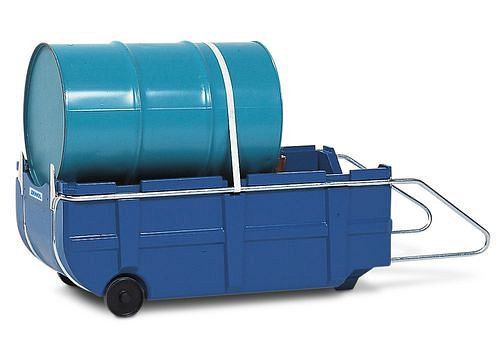 DENIOS Fasskarre und Auffangwanne FSK-Poly, Polyethylen (PE) mit Griff + Zurrgurt, blau, 113260
