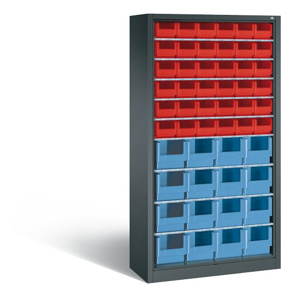 C+P Stahlregal mit Rückwand Serie 13, H1980xB1000xT420 mm, Anthrazit, 8 Einlegeböden, 46 Sichtlagerkästen, 133144-05 S10001