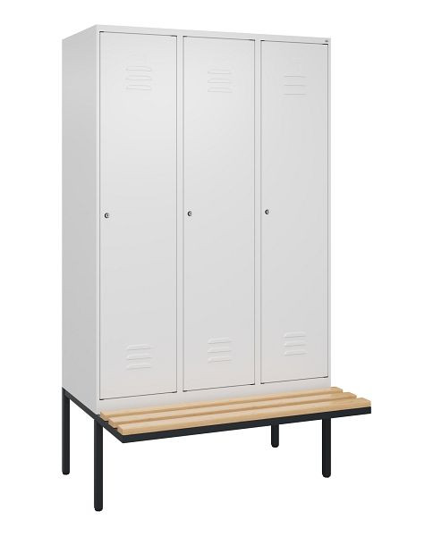 C+P Umkleidespind Classic PLUS, 3 Abteile, 2120x1200x815mm, 9016/9016, Zylinderschlösser, Buche-Sitzleisten, je 2 Doppel-Haken, 0800407-32F S10058