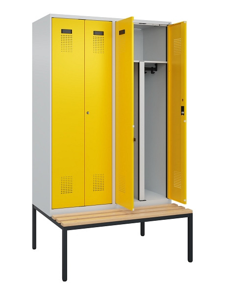 C+P PSA Doppel-Spind Evolo PLUS, Bank, 4 Abteile, 2120x1200x815mm, 7035/1023, Zylinderschloss, Sitzfläche Buche-Hartholz, Sitzbank, 0490527-40P S10028