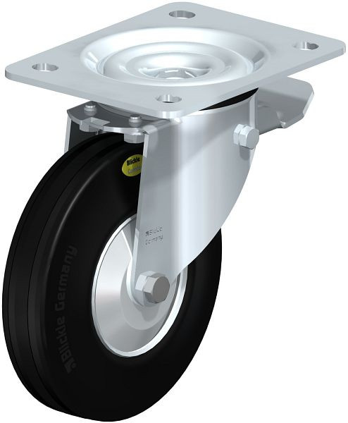 Blickle L-RD 140R-ST-FA Stahlblech-Lenkrolle, mittelschwere Ausführung, mit Anschraubplatte & Feststeller, Zweikomponenten-Vollgummi, Schwarz, 356436