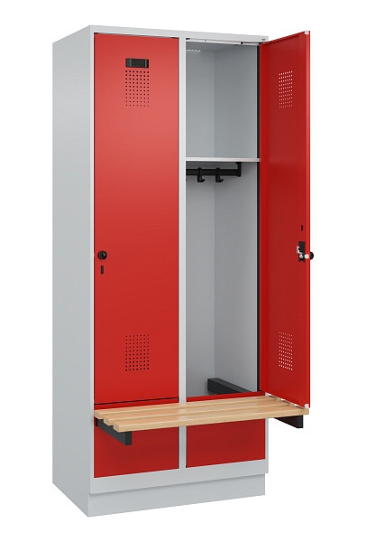 C+P Spind Evolo PLUS, 2 Abteile, 1950x800x815mm, 7035/3020, Drehriegel, Sitzfläche Holz, Sitzbank auskragend Sockel, 049040-22 S10005
