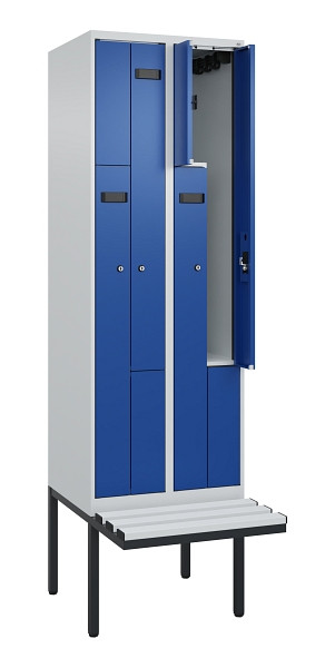 C+P Z-Spind Evolo PLUS, Bank, 4 Fächer, 2120x600x815mm, 7035/5010, Zylinderschloss, Material Sitzfläche Kunststoff, 0490437-204 S10086