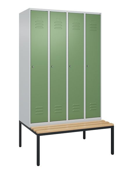 C+P Umkleidespind Classic PLUS, mit untergebauter Sitzbank, 4 Abteile, 2120x1200x815mm, 7035/6011, Zylinderschlösser, Buche-Sitzleisten, 0800507-40 S10050
