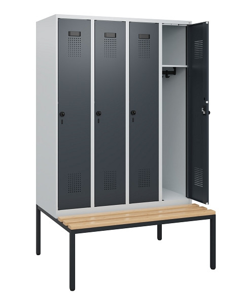 C+P Spind Evolo PLUS, 4 Abteile, 1950x1200x815mm, 7035/7016, Drehriegel, Sitzfläche Buche-Hartholz, Sitzbank, 0490505-40 S10012