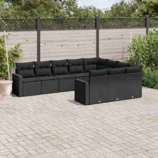 vidaXL 10-tlg. Garten-Sofagarnitur mit Kissen Schwarz Poly Rattan, UV-beständig, 3251822