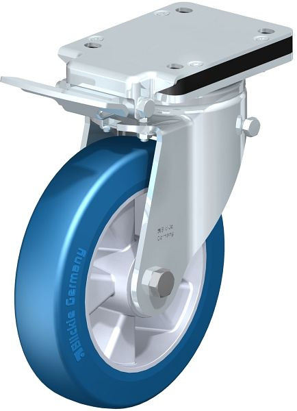 Blickle LH-ALBS 200K-IS Stahlblech-Lenkrolle, Schwerlast-Ausführung, mit Anschraubplatte & Feststeller, Blickle Besthane® Soft, Blau, 741441