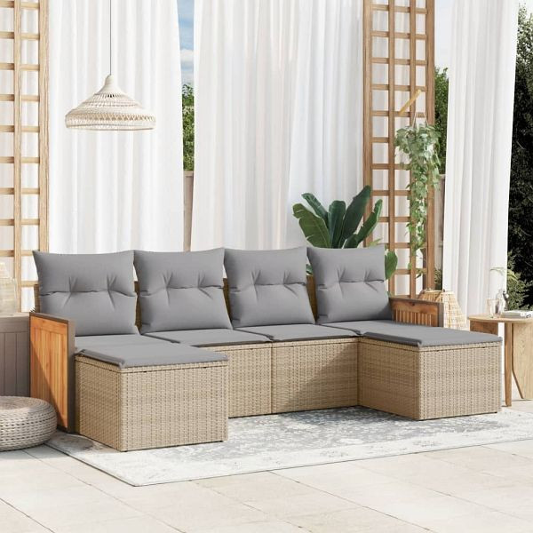 vidaXL 6-tlg. Garten-Sofagarnitur mit Kissen Beige Poly Rattan, 3227900