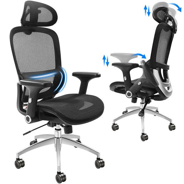 VEVOR Bürostuhl Ergonomisch, Schreibtischstuhl mit Verstellbarer Kopfstütze 80 mm, mit Armlehnen Lendenwirbelstütze, XZKBYTQZYK00ZJ8S1V0