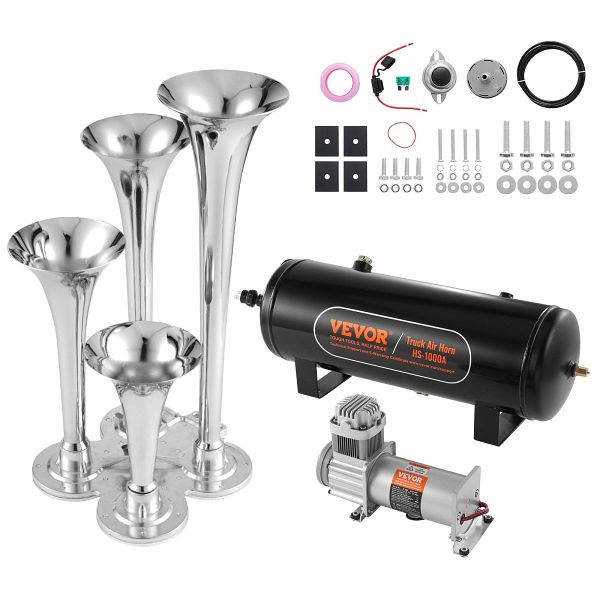 VEVOR Zughupen-Set, 4, 150 dB für Pickup-Trucks, 12 V 160 psi Luftkompressor, 10 L Tank mit Manometer für jedes 12 V Fahrzeug, Auto, QLBYCQGTZ12VB362GV9