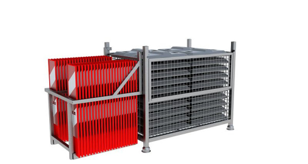 Schake Flachbaken SET2 bestehend aus: 1x Transportboxen für Flachbakenfüße, 1x Transportkorb für Flachbaken, 44x Flachbakenfüße, 44x Flachbake, 36050-SET2