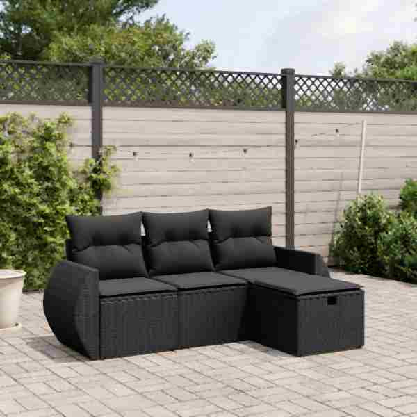 vidaXL 4-tlg. Garten-Sofagarnitur mit Kissen Schwarz Poly Rattan, UV-beständig, 3264061